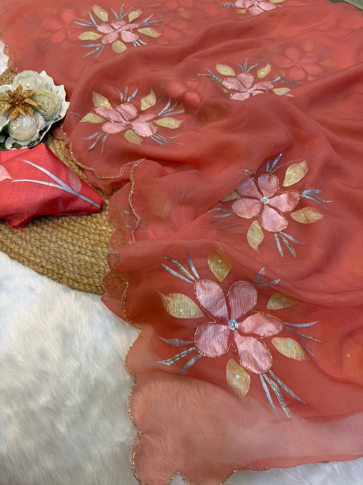 Pure Bari Chiffon Saree with Handwork & Floral Hand Print