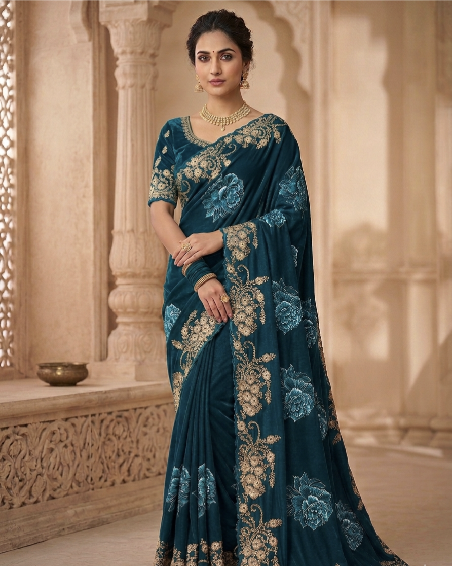 Designer Floral Embroidered Silk Saree with Rich Zari Work