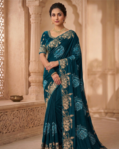 Designer Floral Embroidered Silk Saree with Rich Zari Work