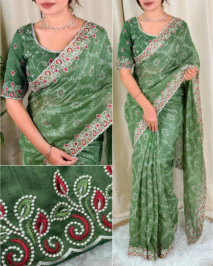 Barfi Cotton Satin Embroidered Saree with Designer Blouse