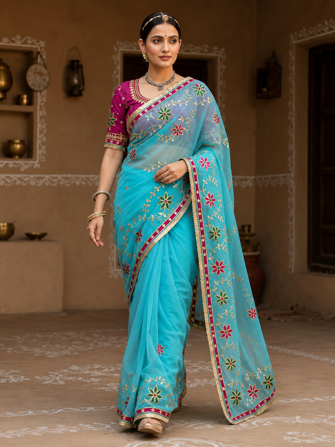 Hand Charkhi Gota Patti Work Georgette Saree