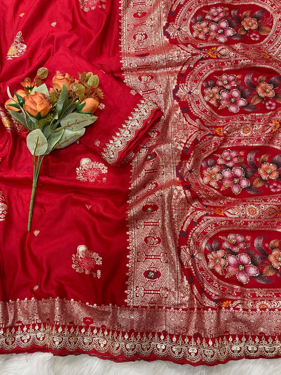 Gulmohar Dola Silk Saree with Zari Weaving & Cutdana Handwork Border