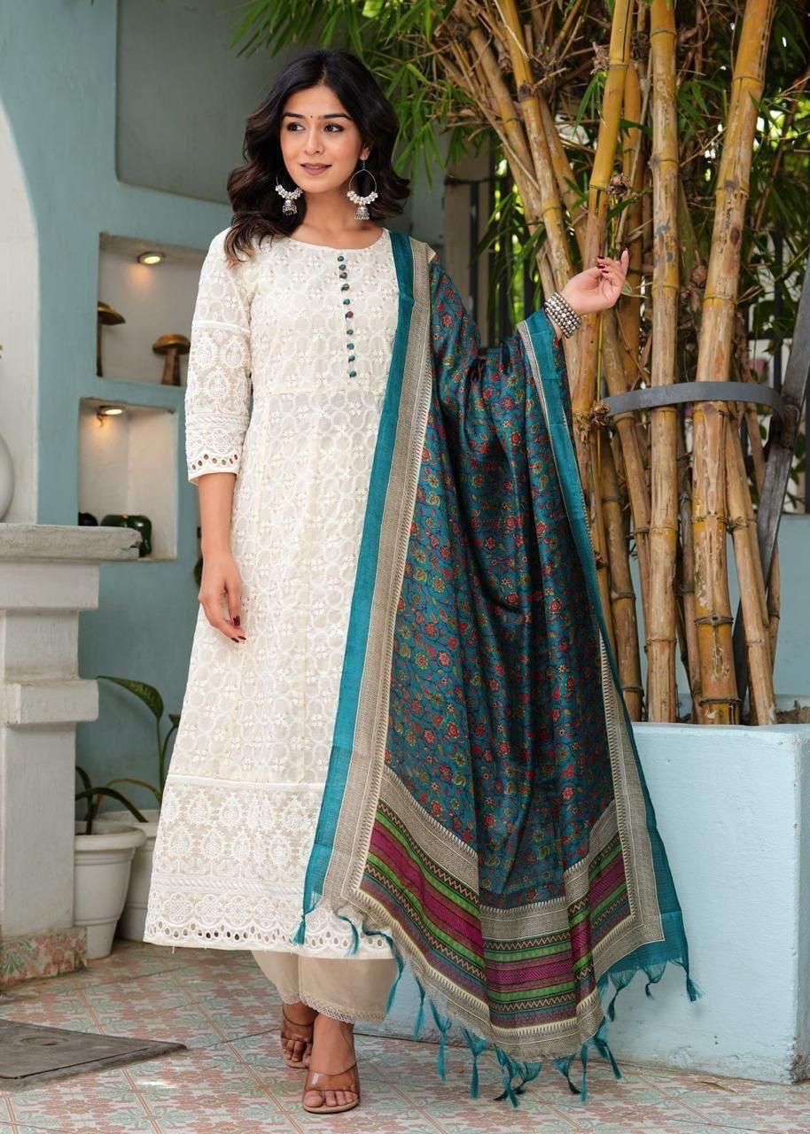 Pure Chikankari Cotton Anarkali Kurti Pant Dupatta Set – Summer Collection