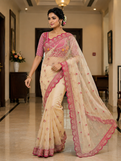 Soft Butterfly Net Saree with Sequins & Multi Thread Embroidery | Full Stitch Blouse