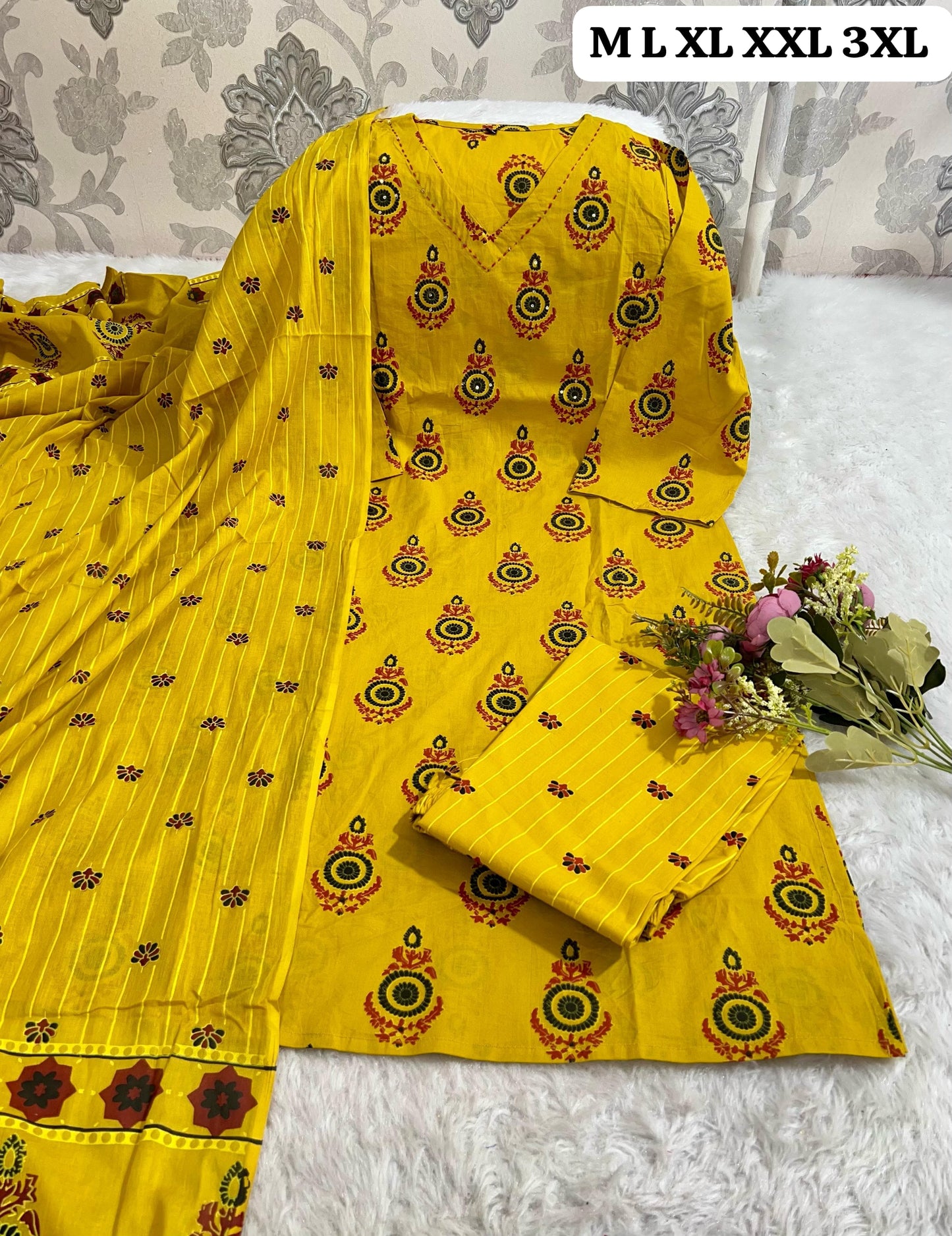Pure Heavy Cotton Embroidered Kurti Pant Dupatta Set