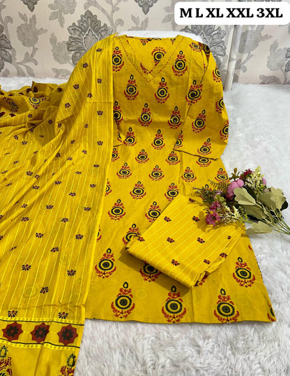 Pure Heavy Cotton Embroidered Kurti Pant Dupatta Set