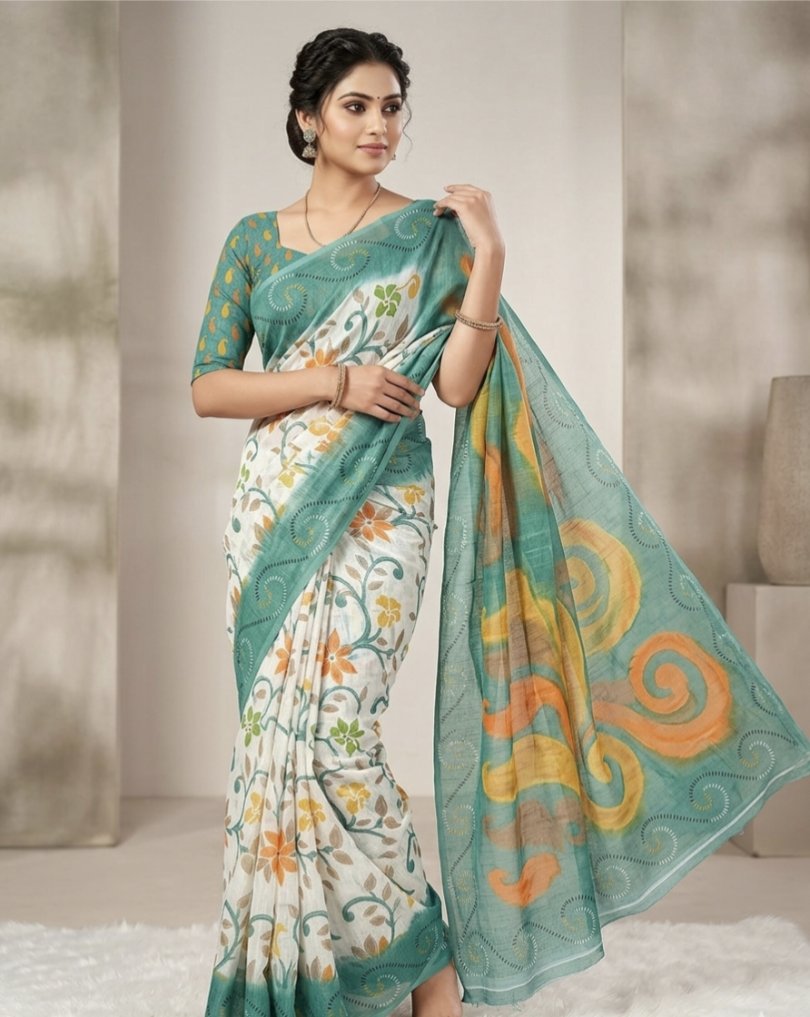Elegant Linen Cotton Digital Print Saree with Tassel Pallu