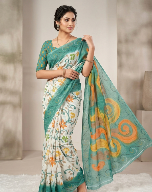 Elegant Linen Cotton Digital Print Saree with Tassel Pallu