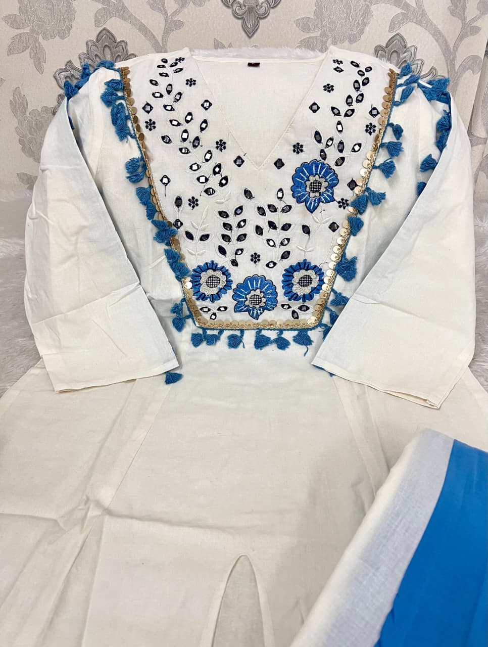 Cotton Natural Flax Mirror Work Cord-Set for Women – Embroidered Designer Top with Palazzo Pant (Cream Brown & Cream Blue)