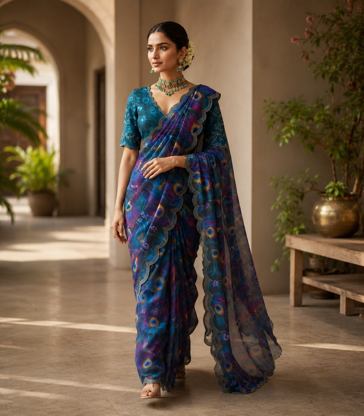 Soft Georgette Mosaic Digital Print Saree with Swarovski Scalloped Border