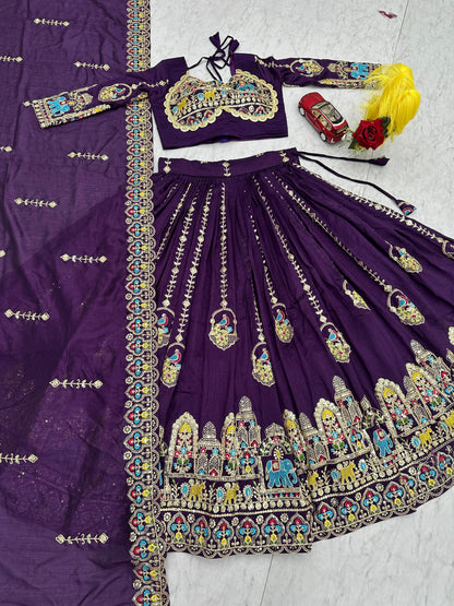 Women's Festival Wear Vichitra Silk Embroidered Lehenga Choli Set with Dupatta