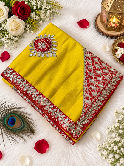 Chinon Saree with Heavy Bandhej Patch Butta & Gotapatti Work
