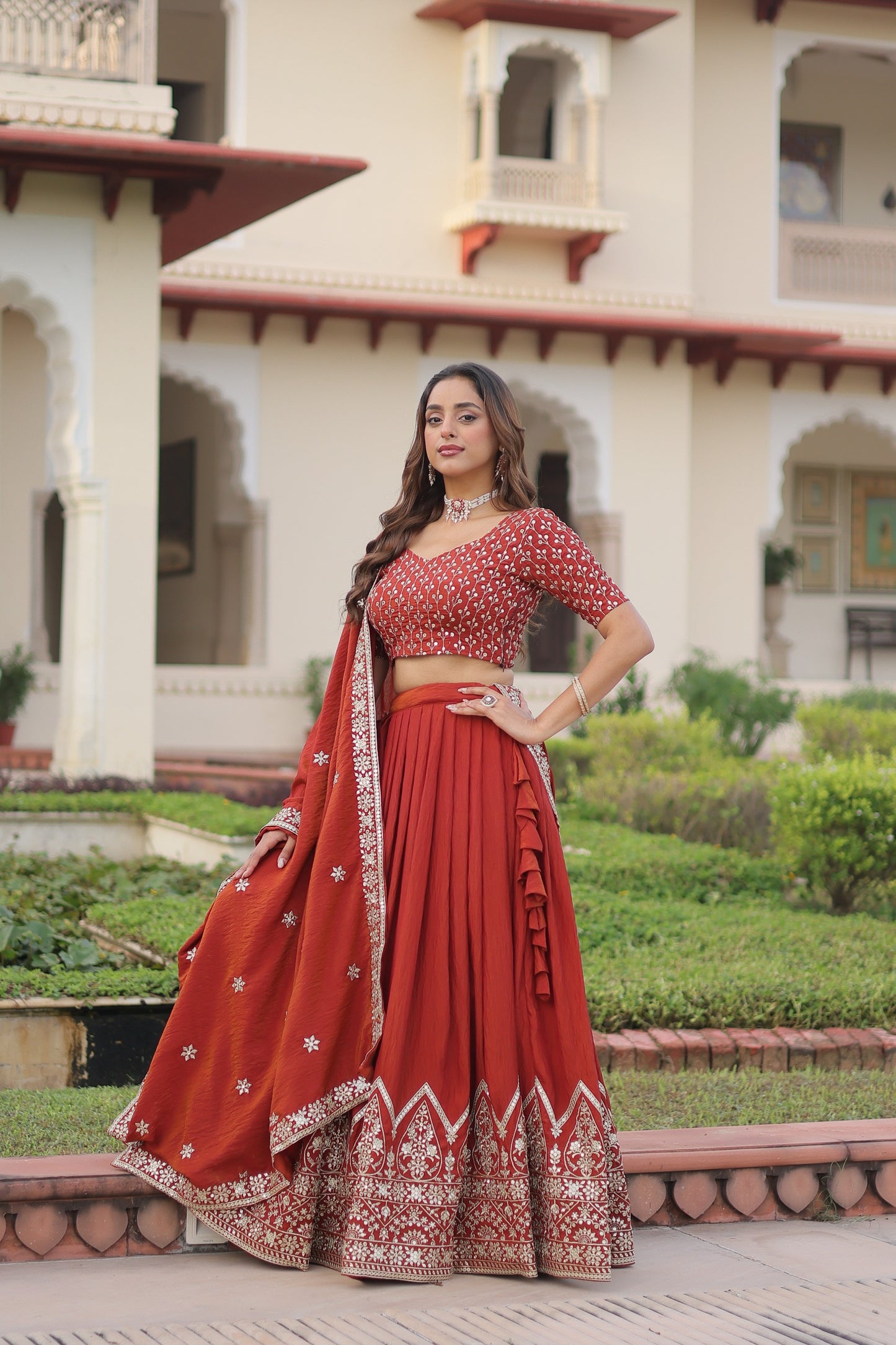 Designer Vichitra Silk Lehenga Choli with Heavy Sequins & Thread Embroidery Work