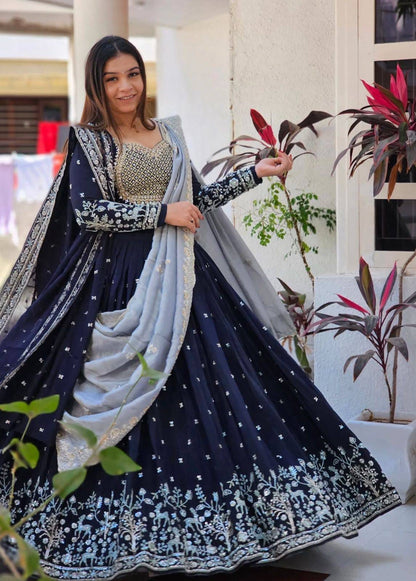 Navy Blue Embroidered Wedding Lehenga Choli with Dupatta