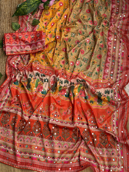 Karigari Soft Chinon Silk Digital Print Saree with Hand Aari Work & 2000+ Real Mirror Work