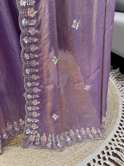 Women Lavender Fendy Silk Heavy Beads & Sequins Embroidered Designer Saree