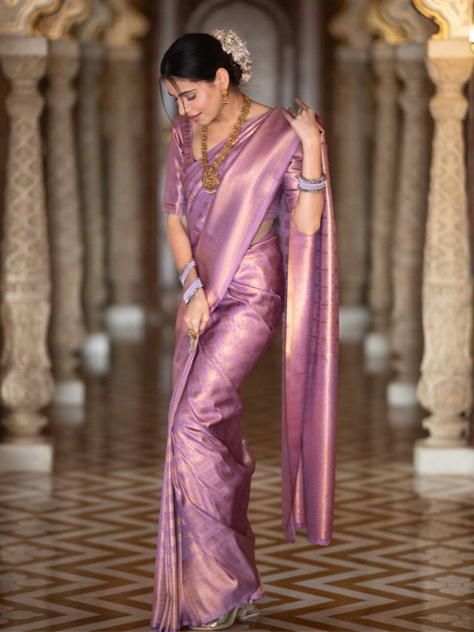 Royal Lavender Zari Work Silk Look Saree