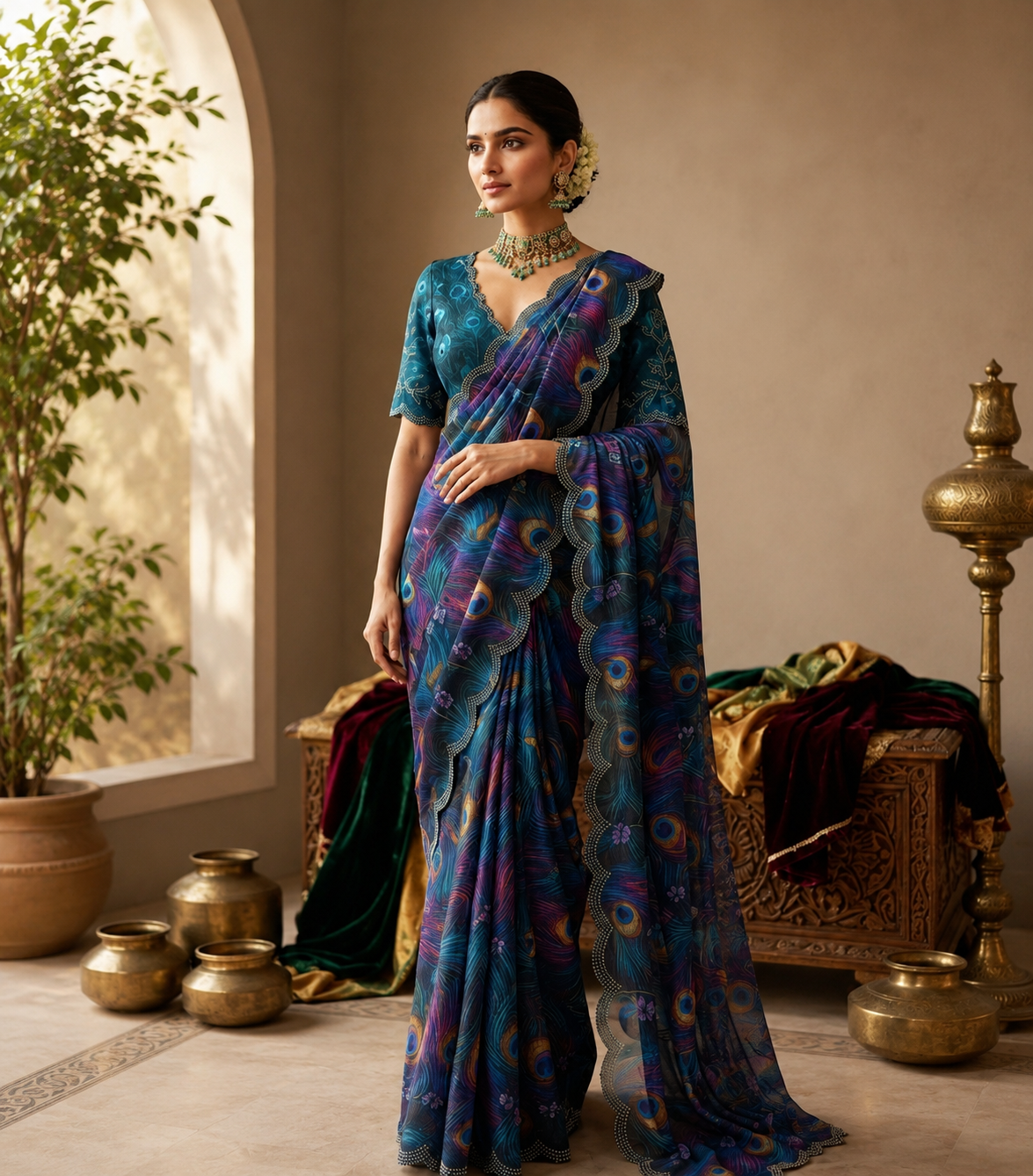 Soft Georgette Mosaic Digital Print Saree with Swarovski Scalloped Border