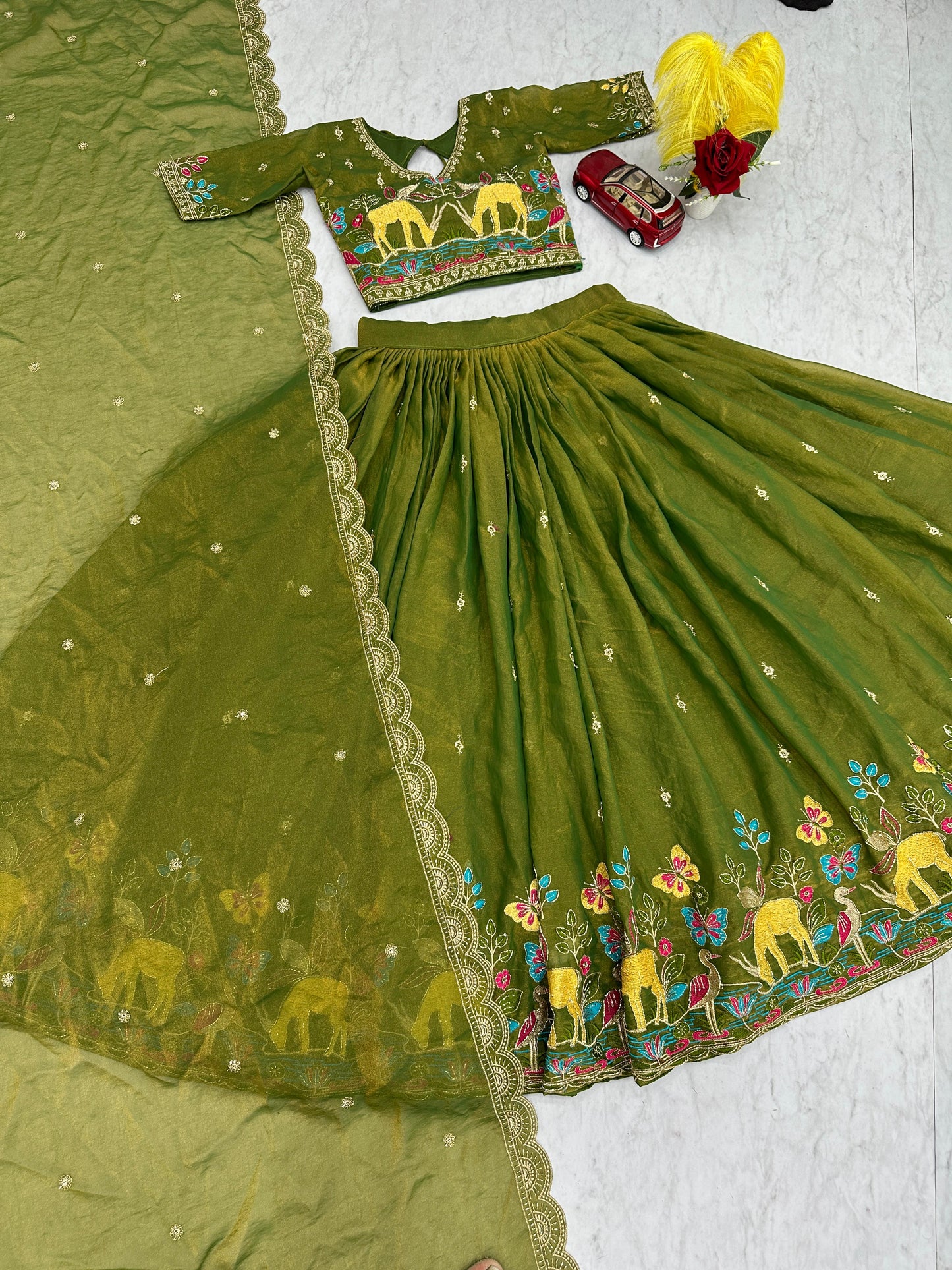 Festival Special Heavy Embroidered Moss Simar Lehenga Choli with Dupatta | Orange & Olive Green