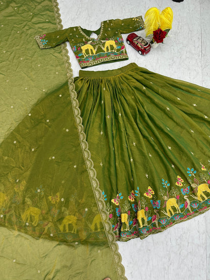 Festival Special Heavy Embroidered Moss Simar Lehenga Choli with Dupatta | Orange & Olive Green