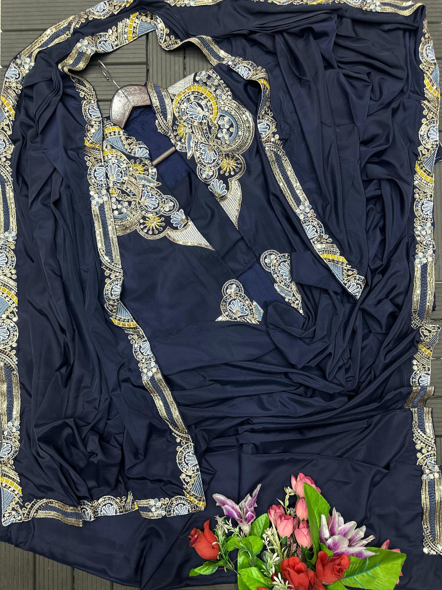 Ready to Wear Crepe Saree with Embroidery Sequence Jacket (Full Stitched)
