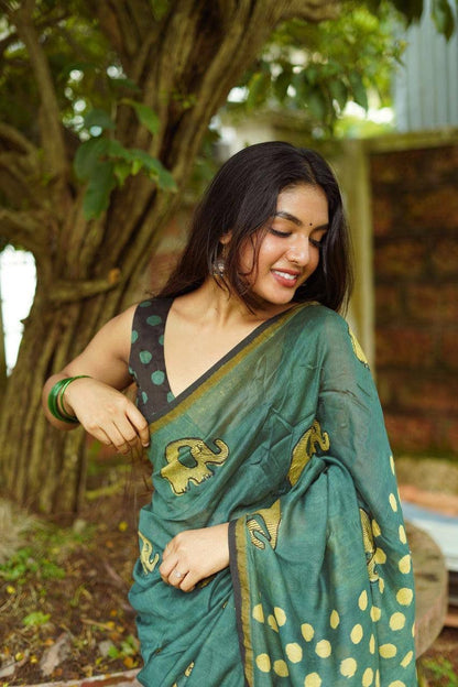 Pure Linen Chanderi Saree with Kalamkari Print & Zari Border