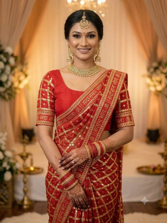 सदा सौभाग्यवती भव Viscose Saree with Checks, Foil Work & Designer Lace