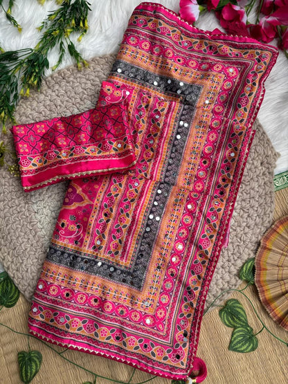 Karigari Soft Chinon Silk Digital Print Saree with Hand Aari Work & 2000+ Real Mirror Work