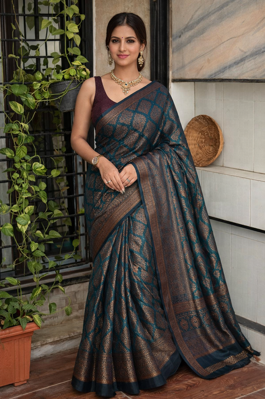 Teal Green Jacquard Silk Saree