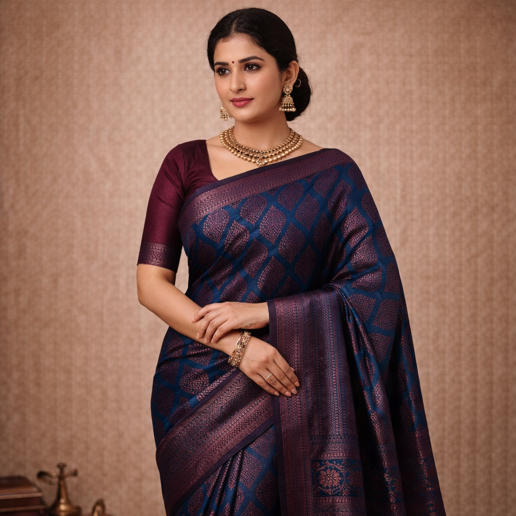 Navy Blue & Wine Jacquard Silk Saree