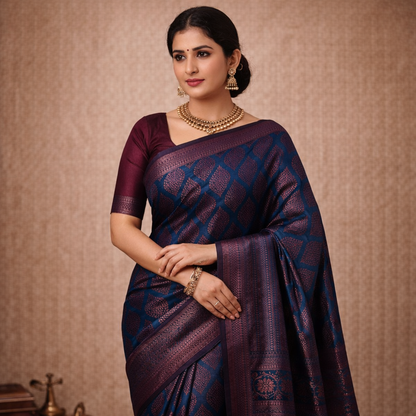 Navy Blue & Wine Jacquard Silk Saree