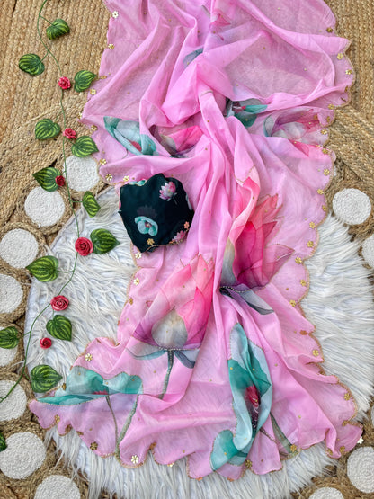 Rosy Soft Teby Silk Floral Print Saree