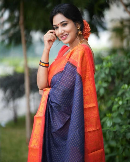 Navy Blue Cotton Saree with Red Traditional Border