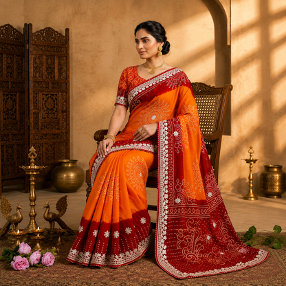 Premium Bandhani Peliya Saree with Heavy Multi Coding C-Pallu Work | Designer Party Wear Saree