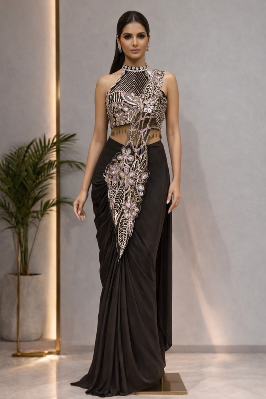 Super Trending Star Georgette Embroidery Sequence Ready To Wear Saree With Designer Blouse