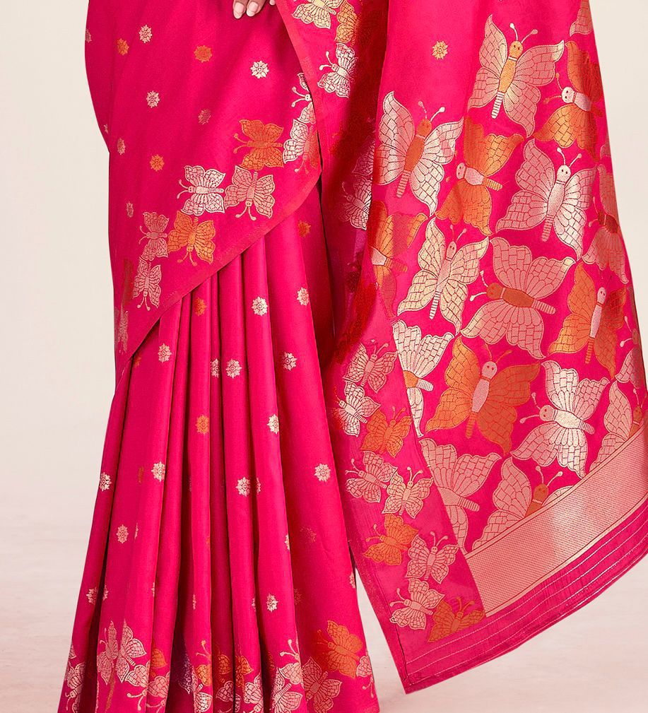 Rani Pink Butterfly Printed Silk Look Saree