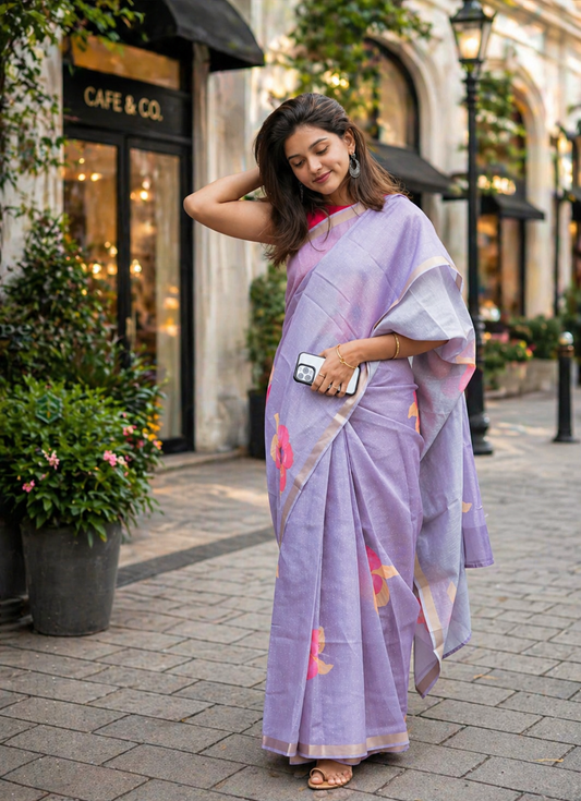 Flower Linen Saree – Soft Lightweight Floral Printed Designer Saree with Blouse
