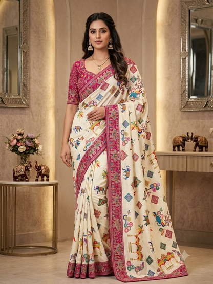 Printed Chinnon Silk Saree with Sequins Embroidery & Banglori Blouse