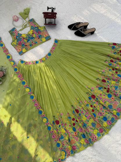 Parrot Green Floral Embroidered Organza Silk Lehenga Choli with Dupatta