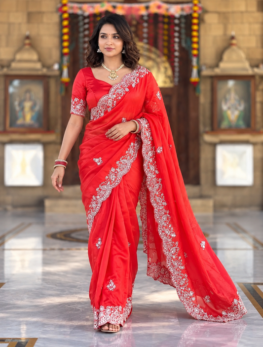 Premium Soft Tissue Silk Saree with Heavy Moti & Beads Work