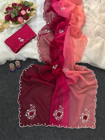 Vrinda Designer Organza Saree With Handwork Butties & Cutdana Border