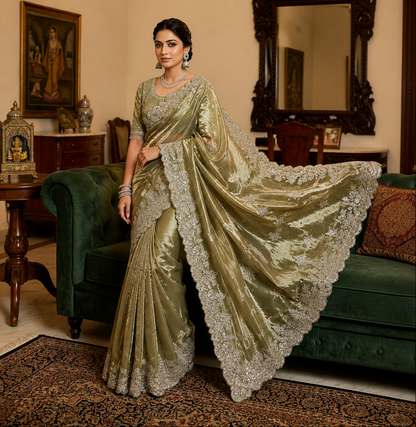 Soft Space Silk Satin Saree With Heavy Embroidery Sequence & Zari Work