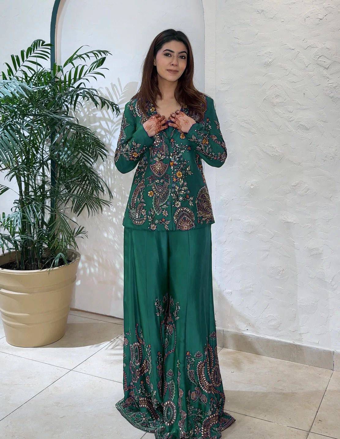 Designer Party Wear Embroidery Jacket Palazzo Set – Heavy Chinon 3 Piece Outfit