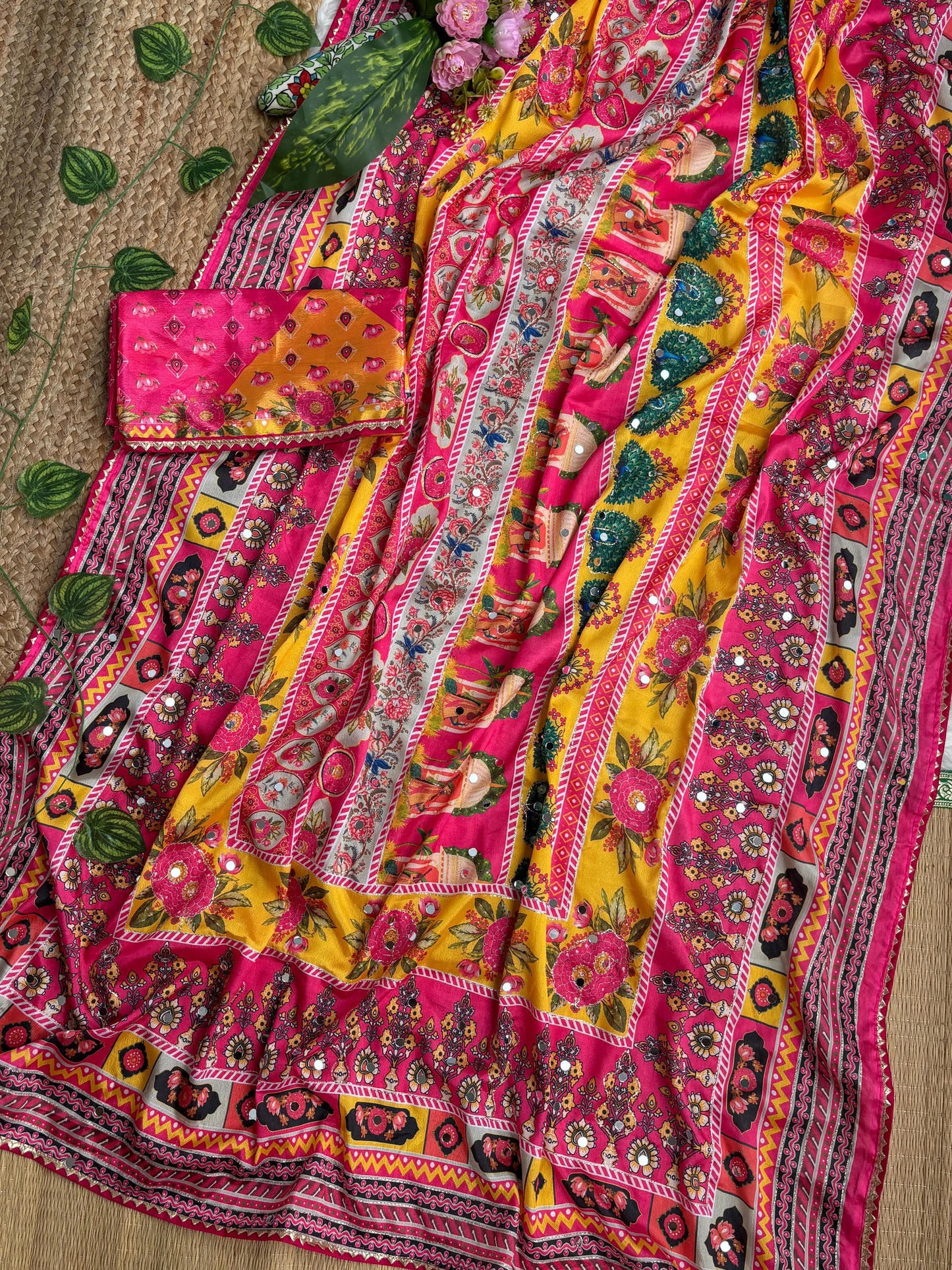 Karigari Soft Chinon Silk Digital Print Saree with Hand Aari Work & 2000+ Real Mirror Work