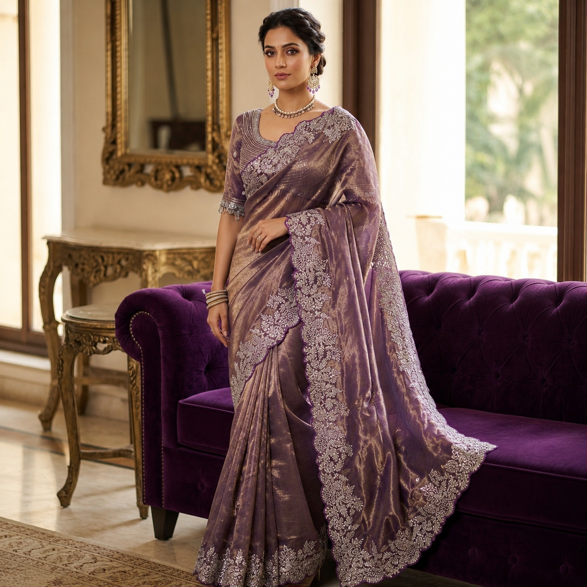Soft Space Silk Satin Saree With Heavy Embroidery Sequence & Zari Work