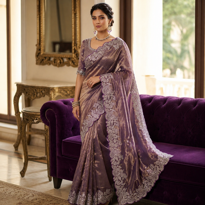 Soft Space Silk Satin Saree With Heavy Embroidery Sequence & Zari Work