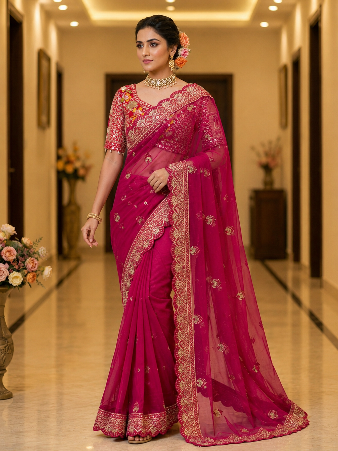 Soft Butterfly Net Saree with Sequins & Multi Thread Embroidery | Full Stitch Blouse