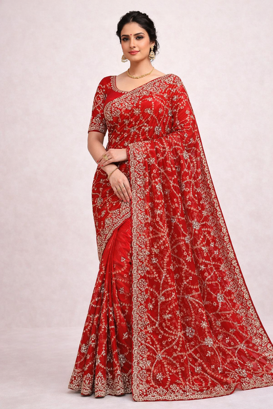 Heavy Embroidered Net Saree with Designer Blouse – Party & Wedding Wear (2 Colors)