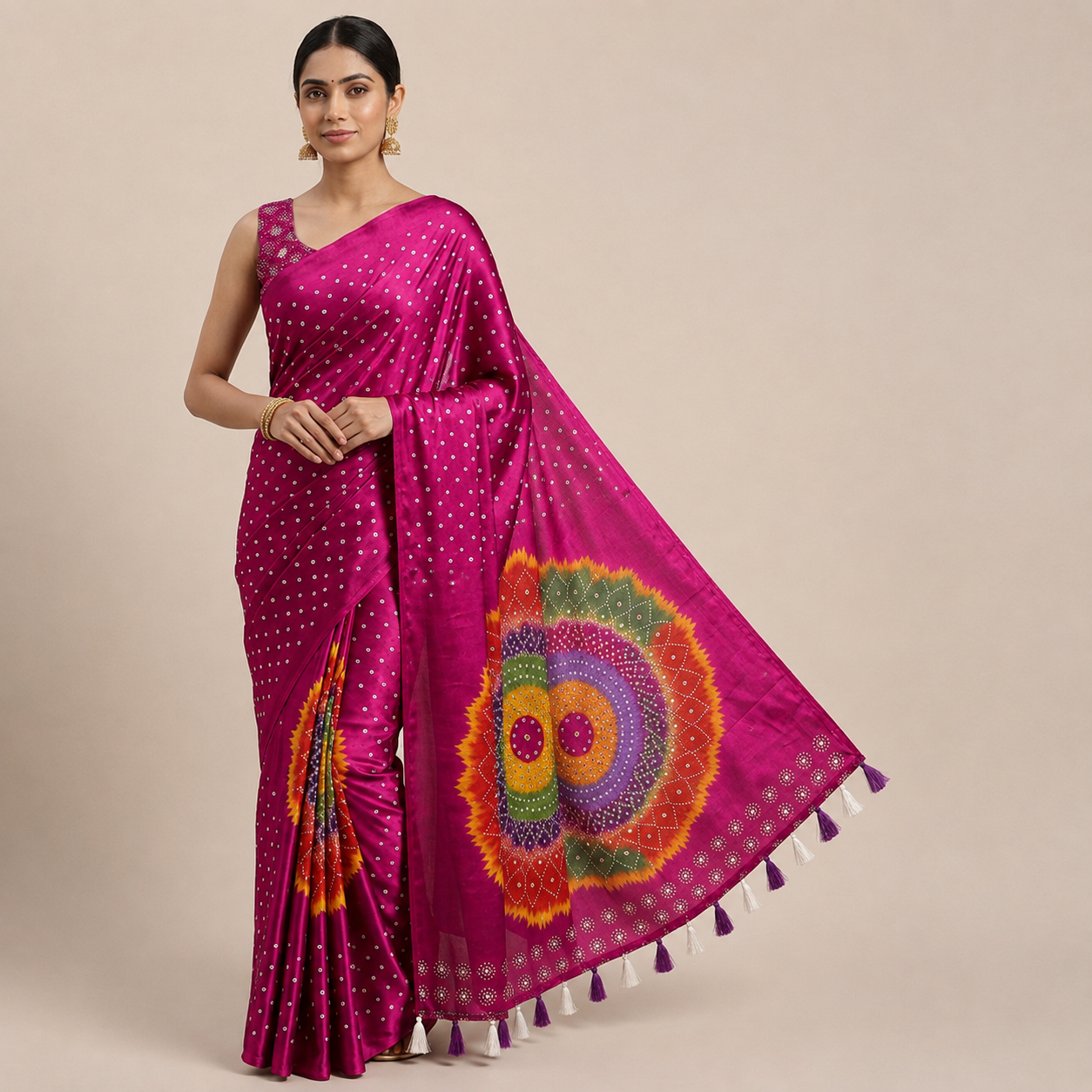 Premium Japan Satin Mirror Work Saree with Tassel Pallu