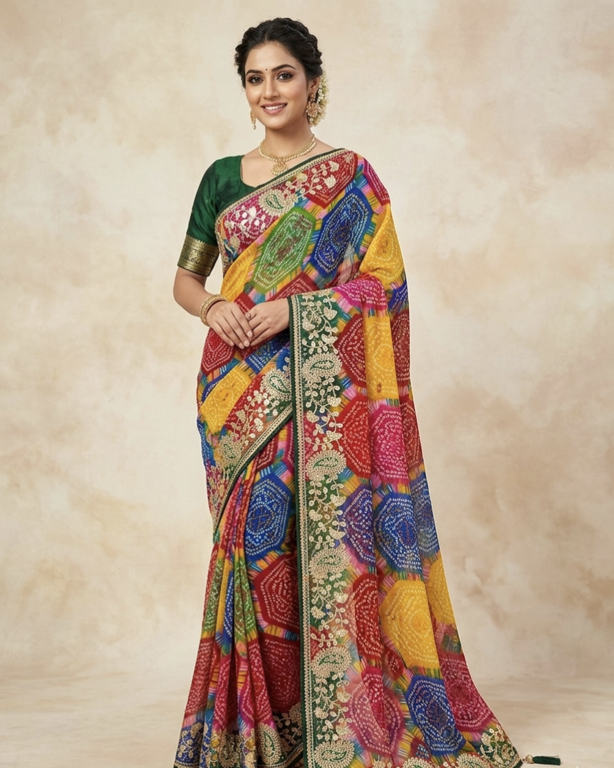 Multicolor Bandhani Print Saree with Green Embroidered Border – Festive Wear